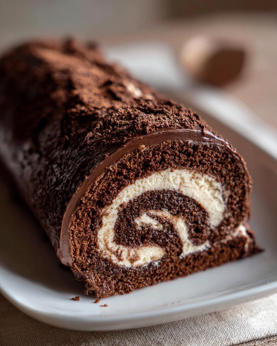 A close-up cross-section of a rich chocolate yule log cake showing the dark sponge cake rolled around a swirl of white cream filling.