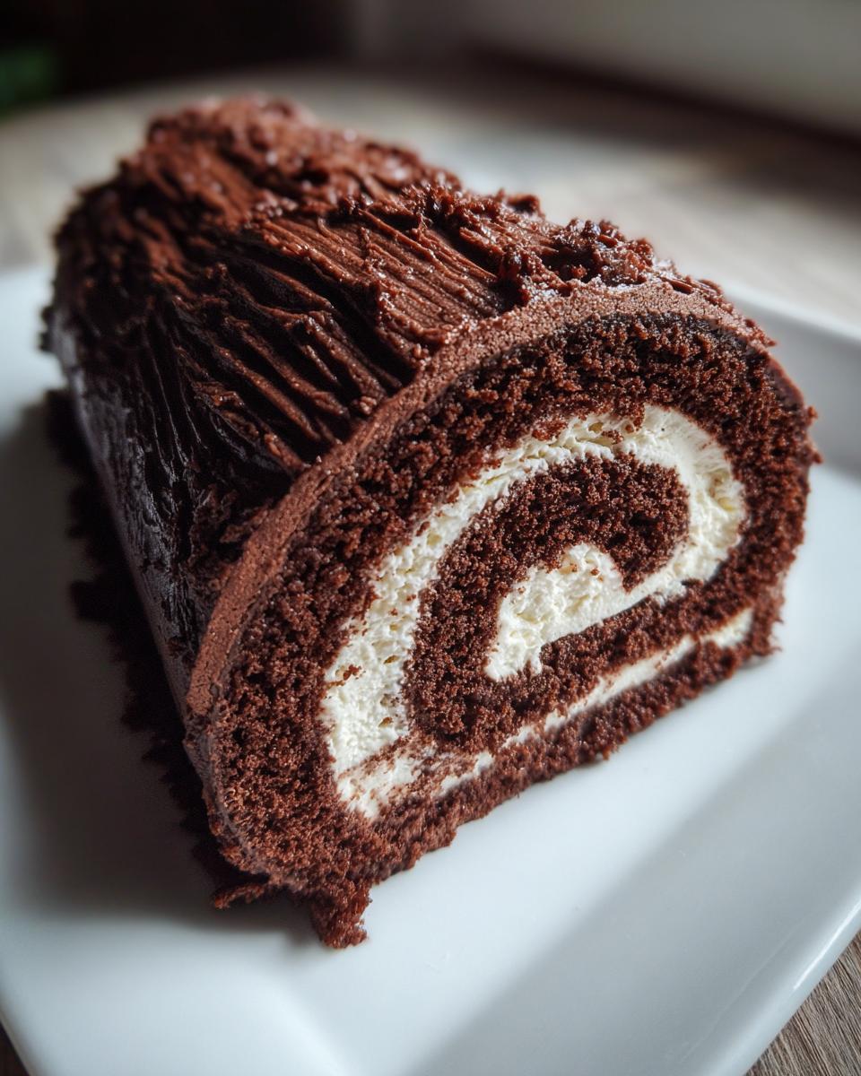 Close-up of a slice of chocolate yule log cake showing the dark sponge and white cream swirl filling.