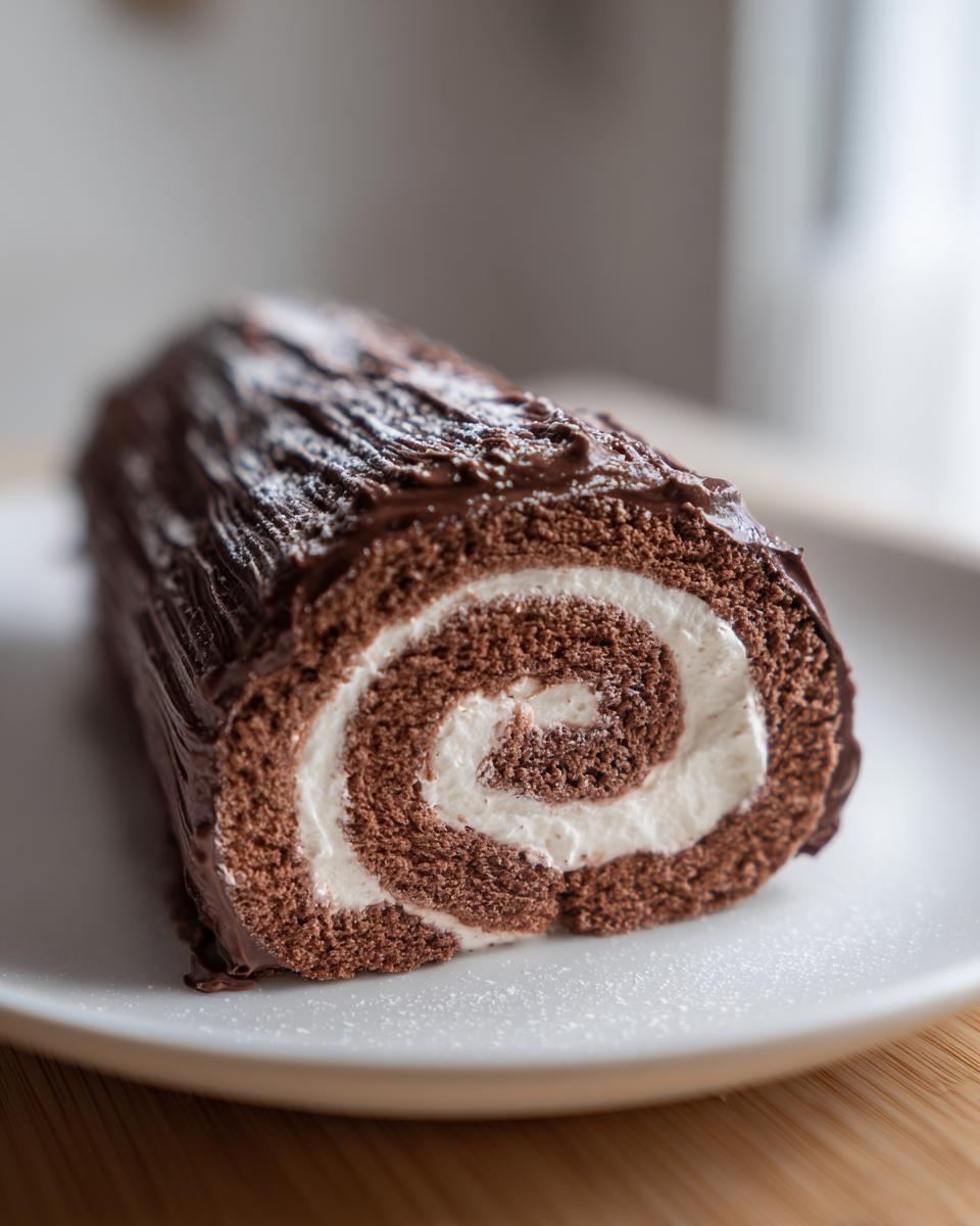 A close-up of a slice of chocolate yule log cake showing the dark chocolate frosting texture and white cream swirl filling.