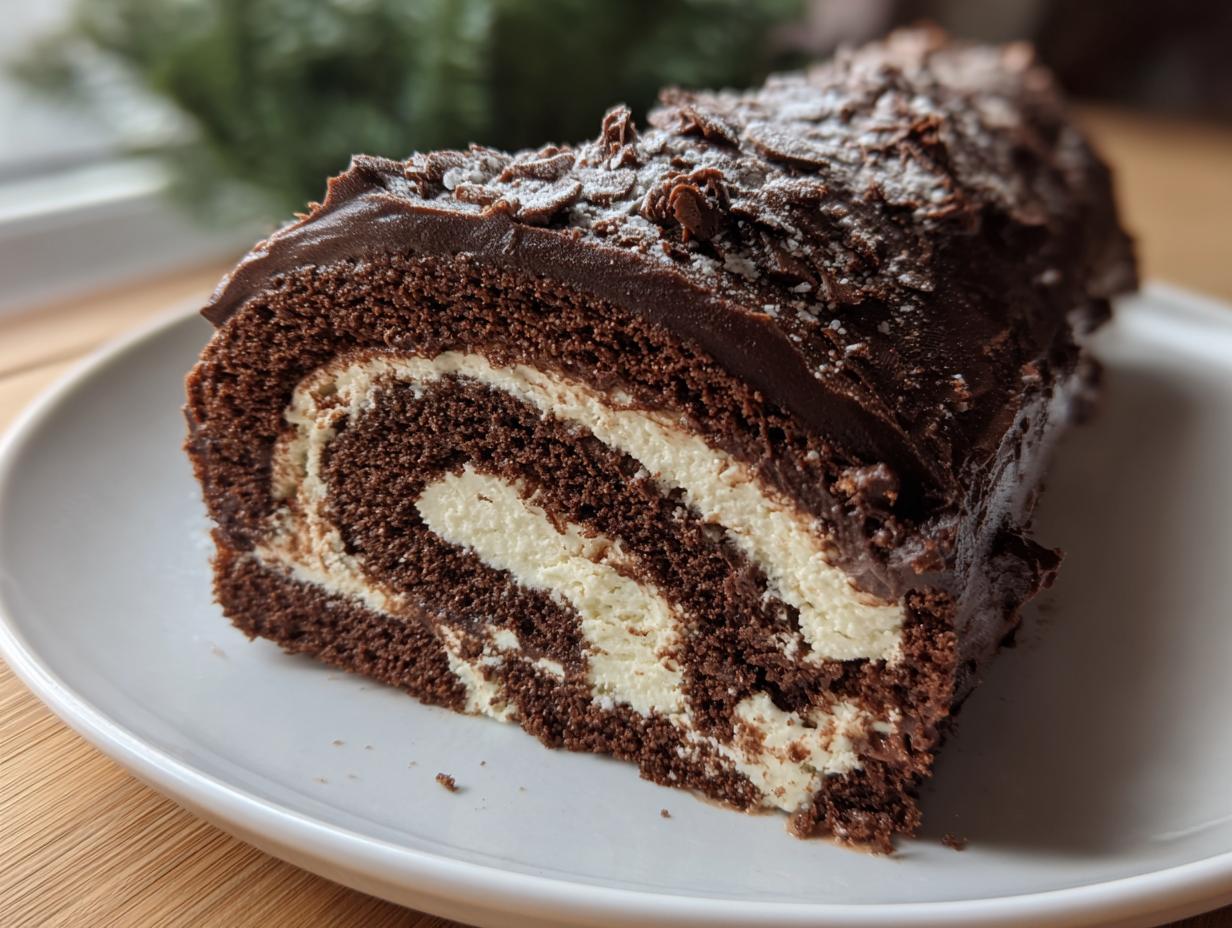 Close-up of a slice of chocolate yule log cake showing the dark sponge and white cream swirl, topped with chocolate frosting.