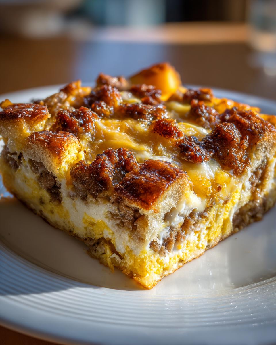 A close-up of a square serving of savory Christmas breakfast casserole with eggs, bread, and browned sausage on a white plate.