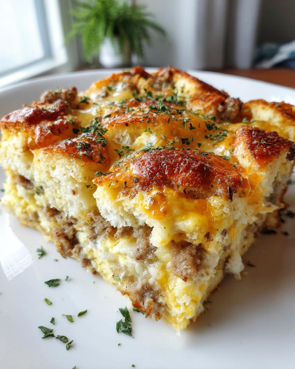 A close-up slice of a hearty Christmas breakfast casserole featuring layers of bread, sausage, eggs, and melted cheddar cheese, garnished with parsley.