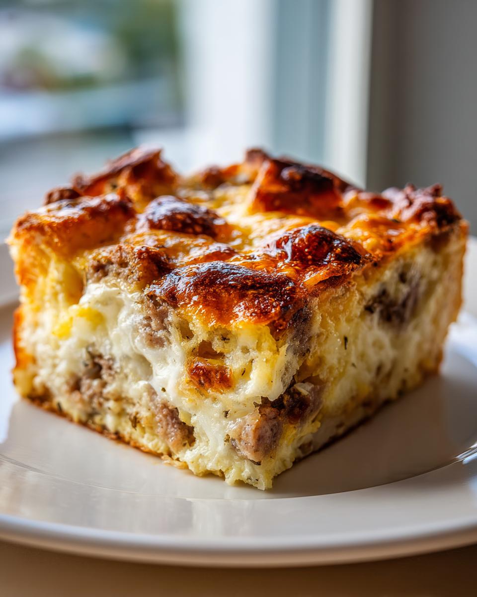 A golden-brown, cheesy slice of christmas breakfast casserole with sausage and eggs on a white plate.