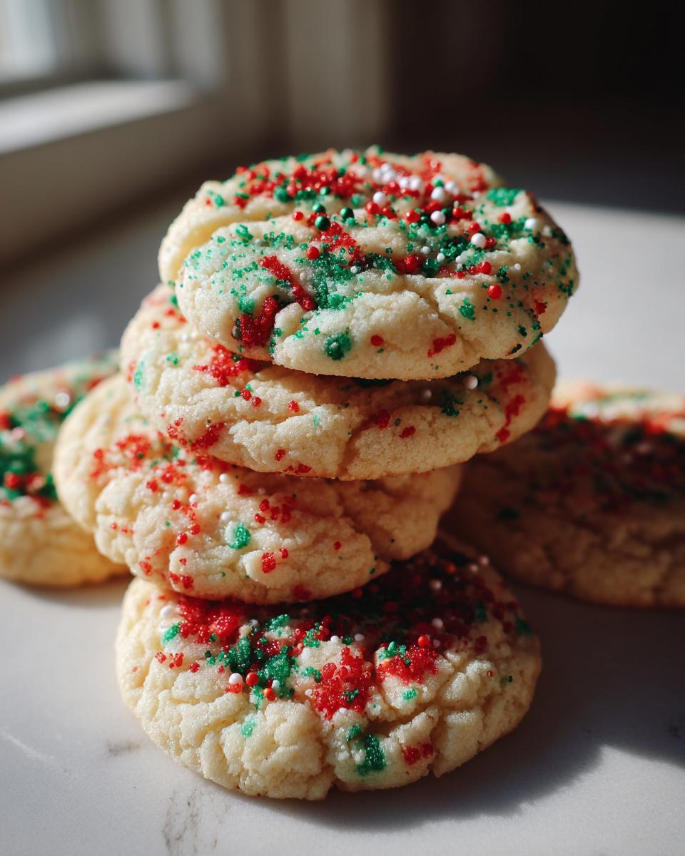 A stack of four soft, crinkled christmas sprinkle sugar cookies topped with red, green, and white holiday sprinkles.