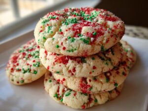 A close-up stack of four soft christmas sprinkle sugar cookies topped with red, green, and white sprinkles.