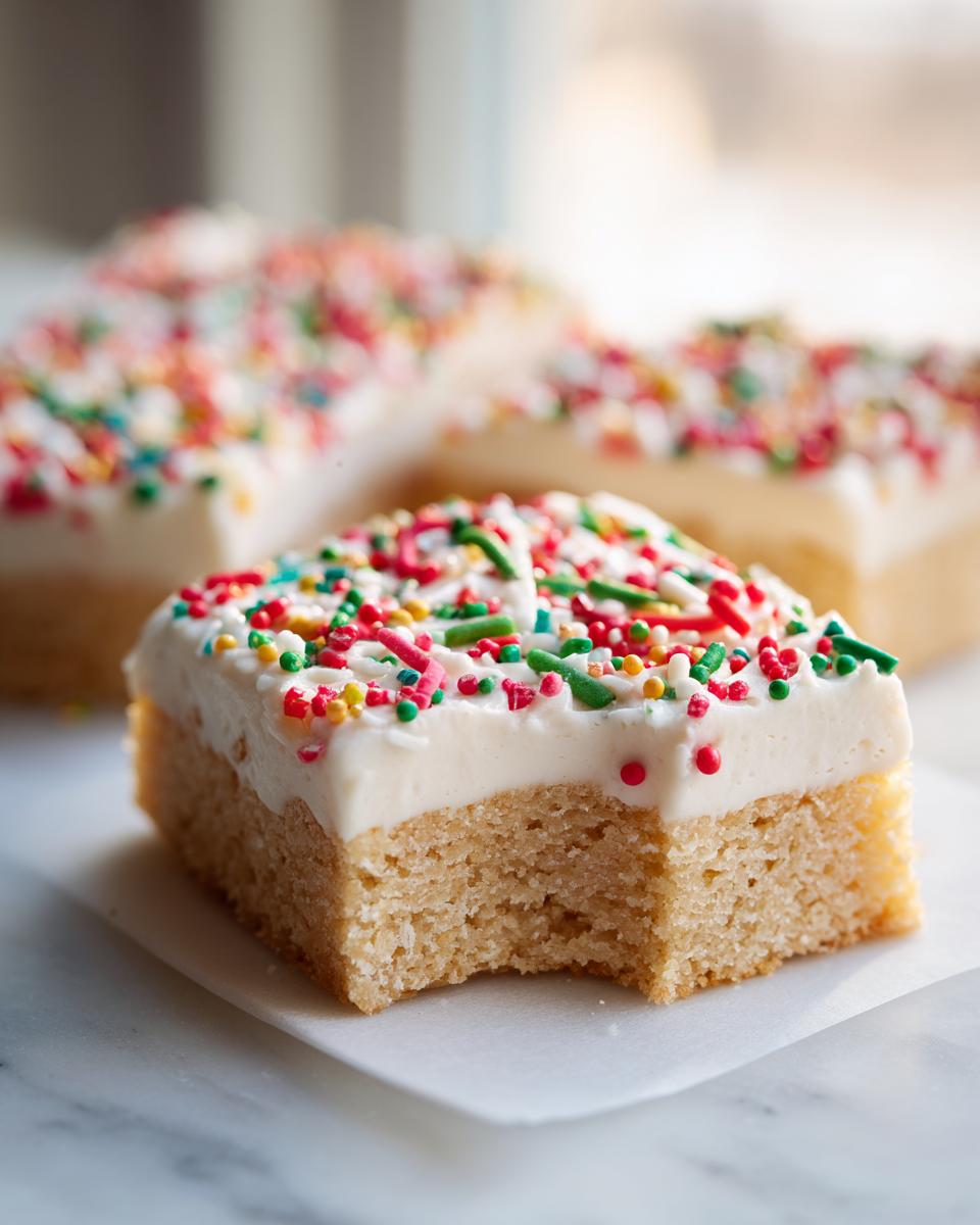 Close-up of a single serving of Christmas sugar cookie bars with thick white frosting and festive sprinkles, showing a bite taken out.