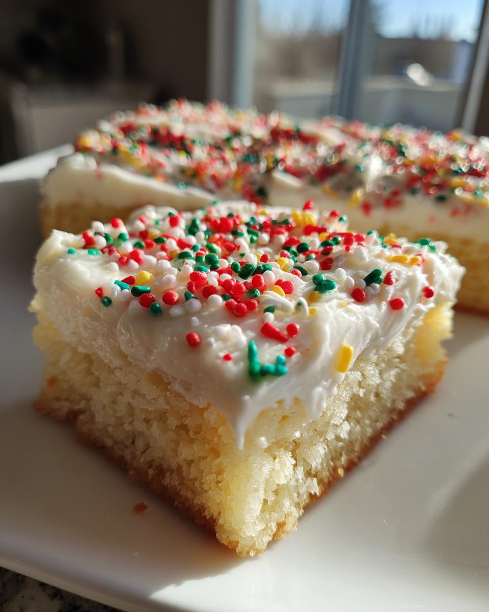 Close-up of a square slice of Christmas sugar cookie bars topped with white frosting and festive red, green, and yellow sprinkles.
