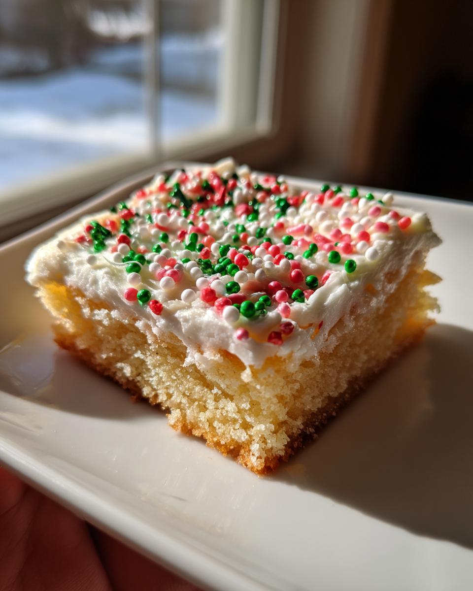 A square slice of moist Christmas sugar cookie bars topped with thick white frosting and red, green, and white holiday sprinkles.