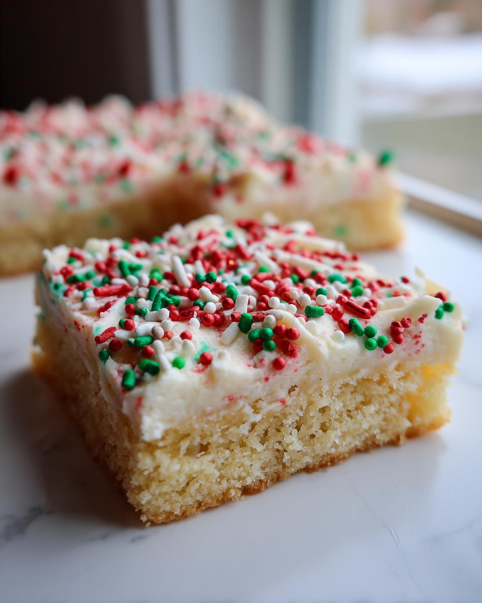 A square slice of fluffy Christmas sugar cookie bars topped with white frosting and festive red, green, and white sprinkles.
