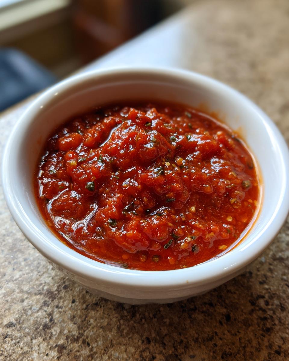 A close-up view of thick, rich tomato sauce speckled with herbs, served in a small white bowl.