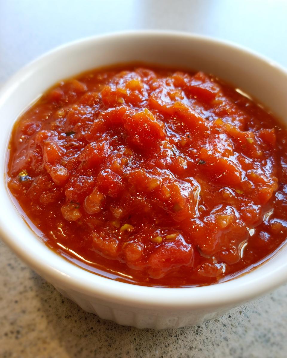 A close-up view of chunky, vibrant red homemade tomato sauce served in a small white bowl.