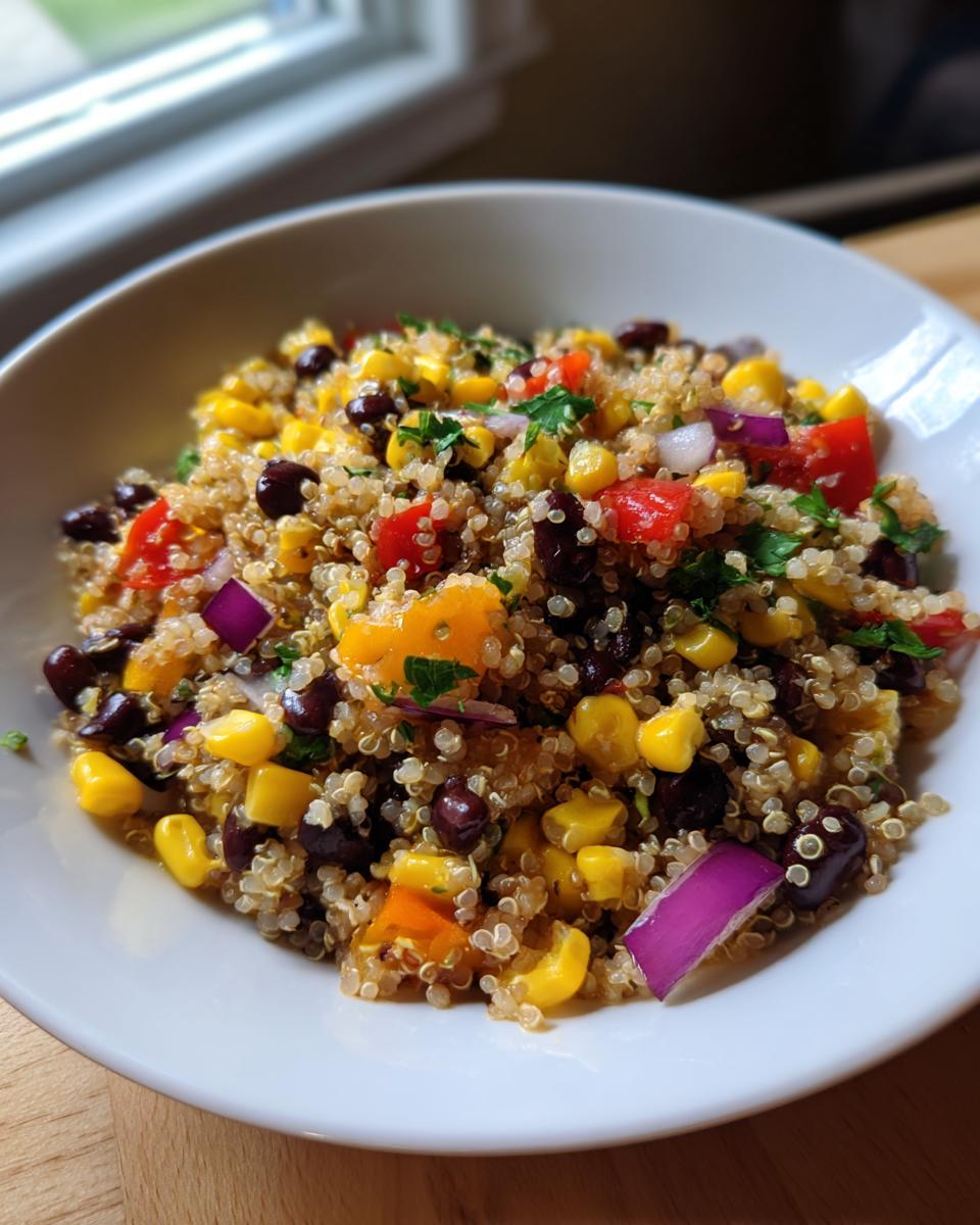 A close-up of a vibrant cilantro lime quinoa salad mixed with black beans, corn, red onion, and peppers in a white bowl.