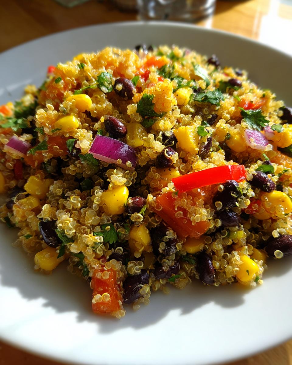 Close-up of a vibrant cilantro lime quinoa salad featuring black beans, corn, red onion, and bell peppers.