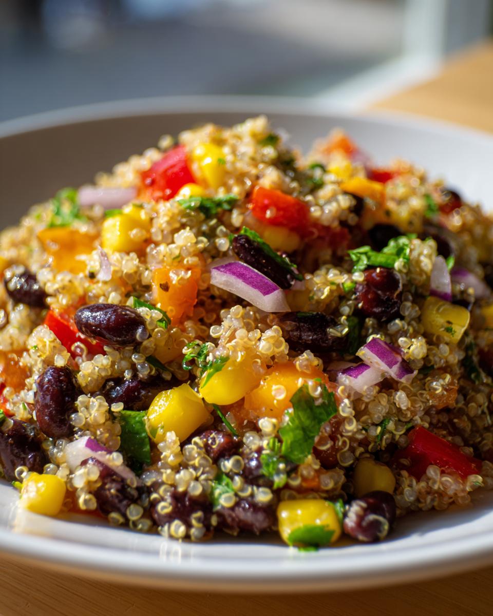 Close-up of a bright cilantro lime quinoa salad mixed with black beans, corn, red onion, and peppers.