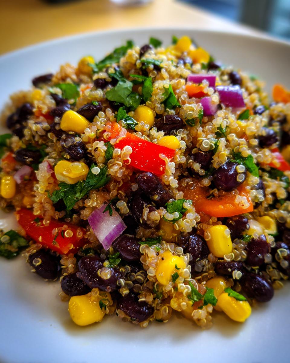 Close-up of a vibrant cilantro lime quinoa salad mixed with black beans, corn, red pepper, and red onion.