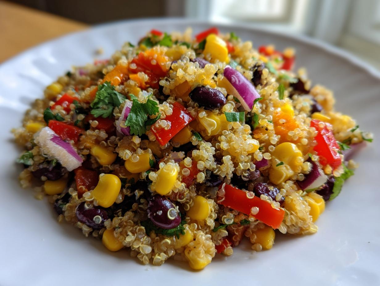 Close-up of a colorful cilantro lime quinoa salad featuring corn, black beans, red onion, and bell peppers.