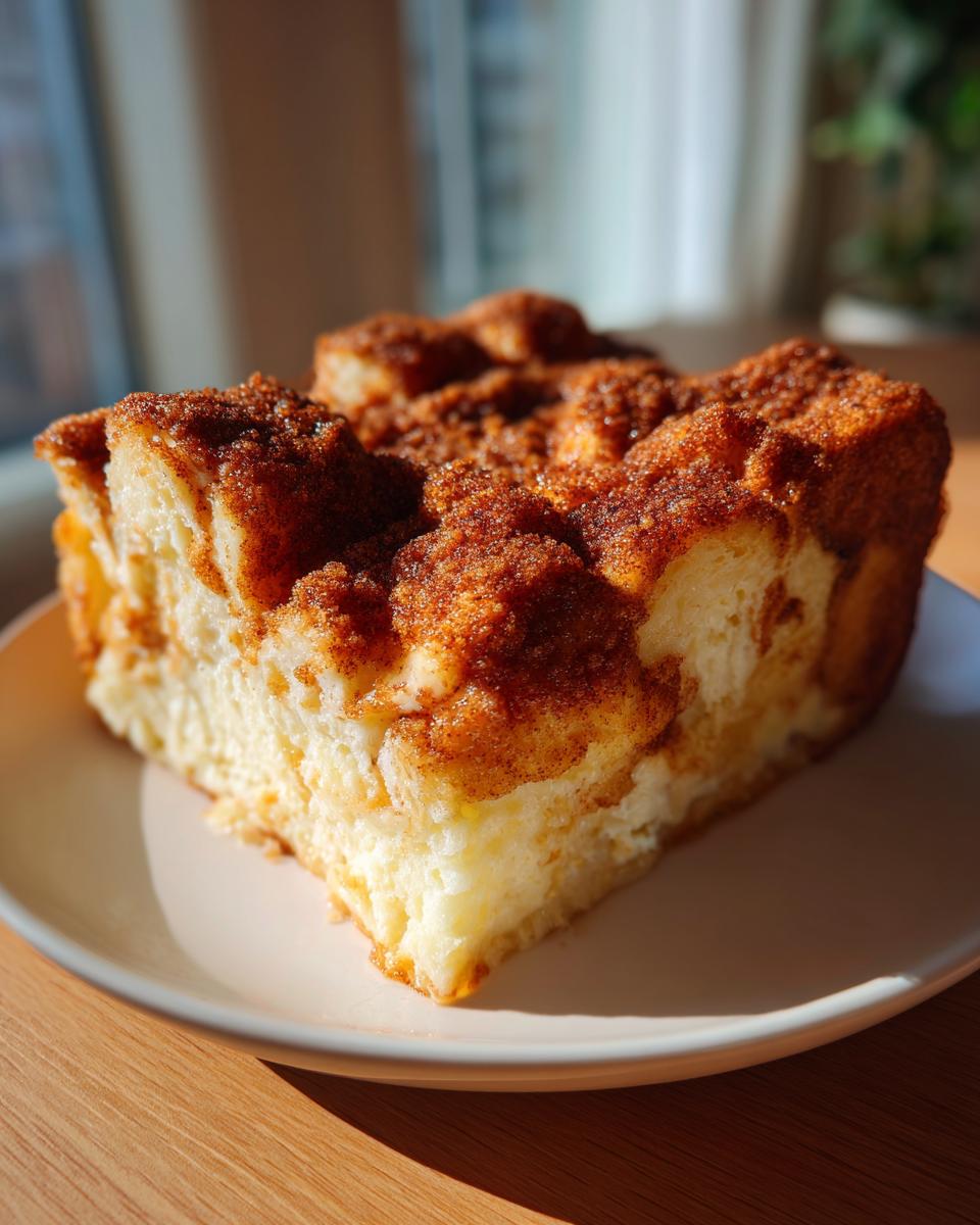 A thick, fluffy slice of french toast casserole topped with rich cinnamon sugar, sitting on a light plate.