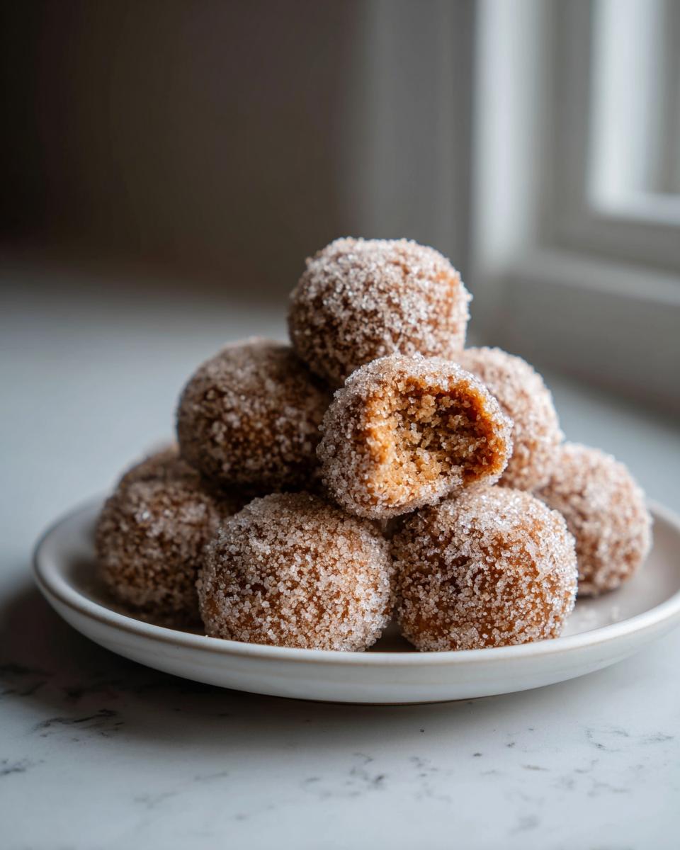 A stack of delicious cinnamon sugar snowball cookies coated in sparkling sugar, one cookie has a bite taken out showing the soft interior.