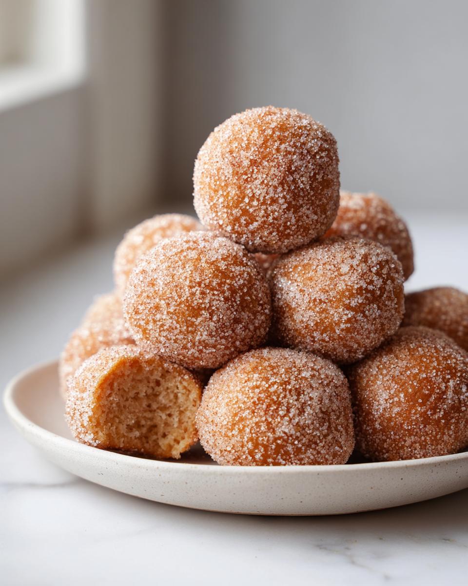 A stack of golden brown cinnamon sugar snowball cookies heavily coated in sparkling sugar, one cookie is broken open.