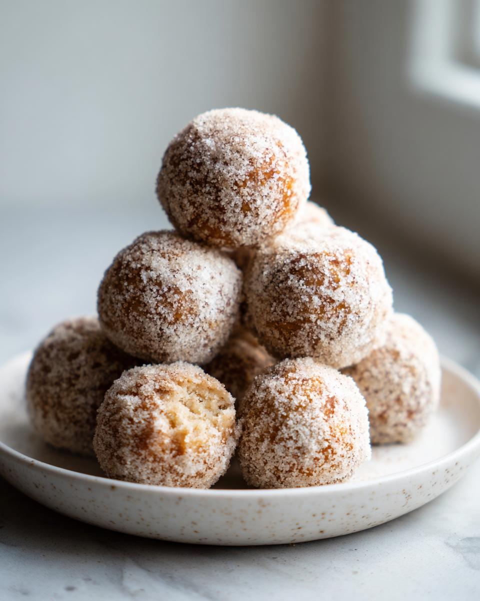 A stack of freshly made cinnamon sugar snowball cookies generously coated in sparkling sugar, with one cookie broken open.
