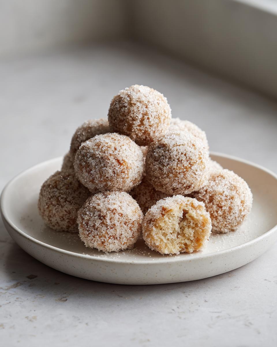 A pile of delicious cinnamon sugar snowball cookies heavily coated in sugar, with one cookie broken open showing the soft interior.