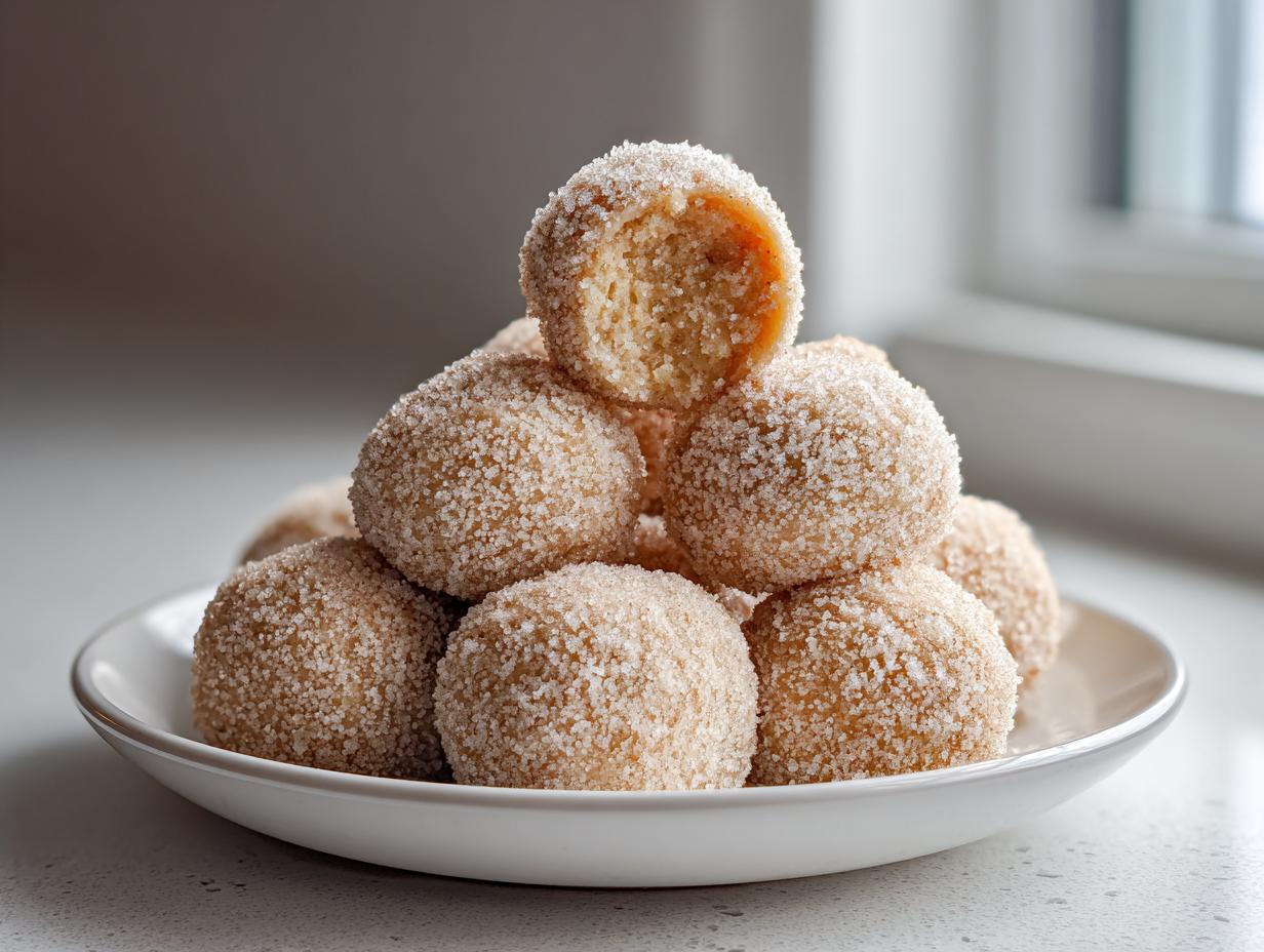 A stack of freshly made cinnamon sugar snowball cookies coated in sparkling sugar, with one cookie broken open.