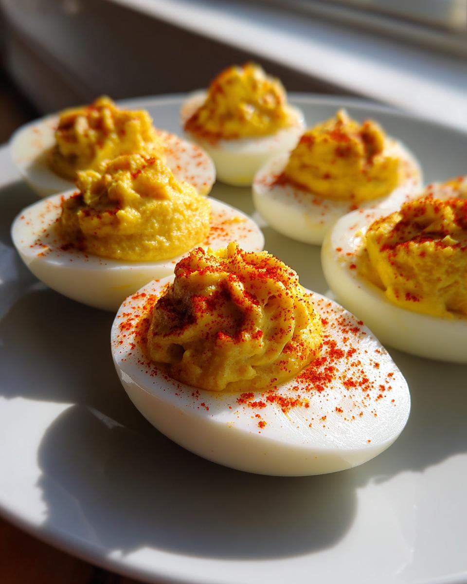 A plate of perfectly prepared classic deviled eggs, topped with creamy yellow filling and sprinkled with bright red paprika.