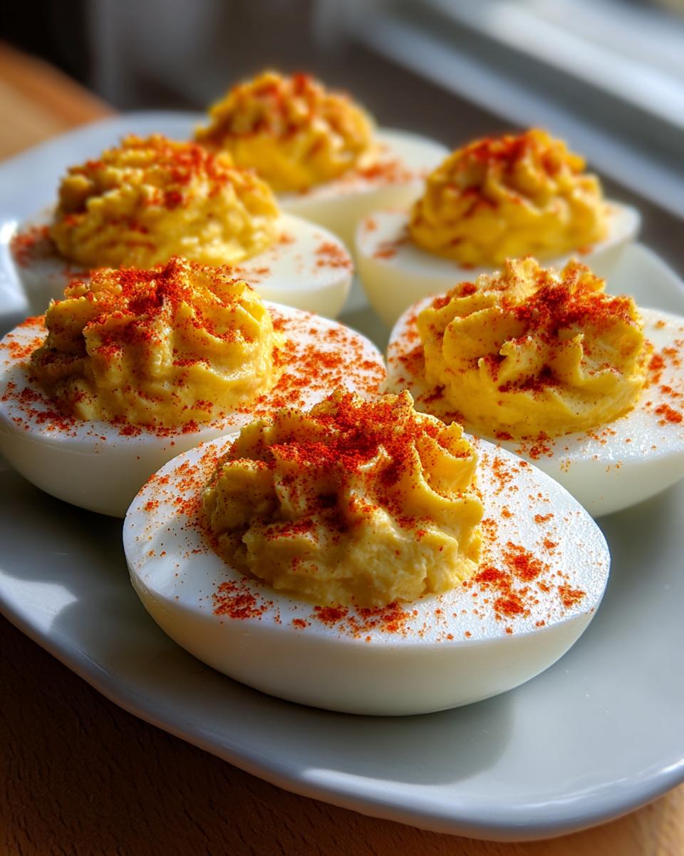 Close-up of five perfectly piped classic deviled eggs sprinkled generously with bright red paprika on a white platter.