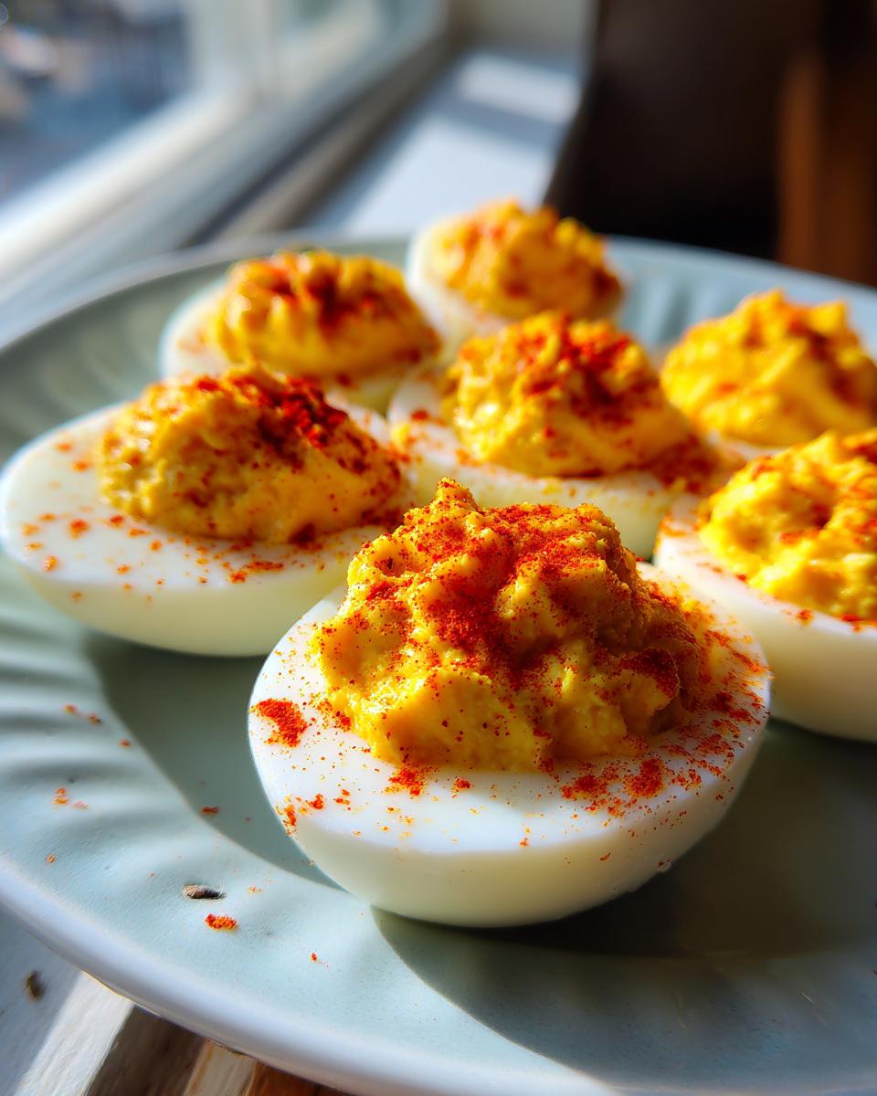 A plate of perfectly prepared classic deviled eggs, topped with creamy yolk filling and sprinkled with bright red paprika.