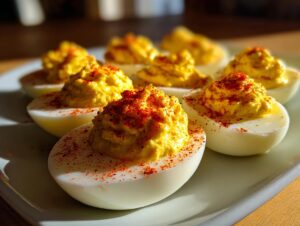 A close-up of several classic deviled eggs, piped high with yellow filling and sprinkled with red paprika.