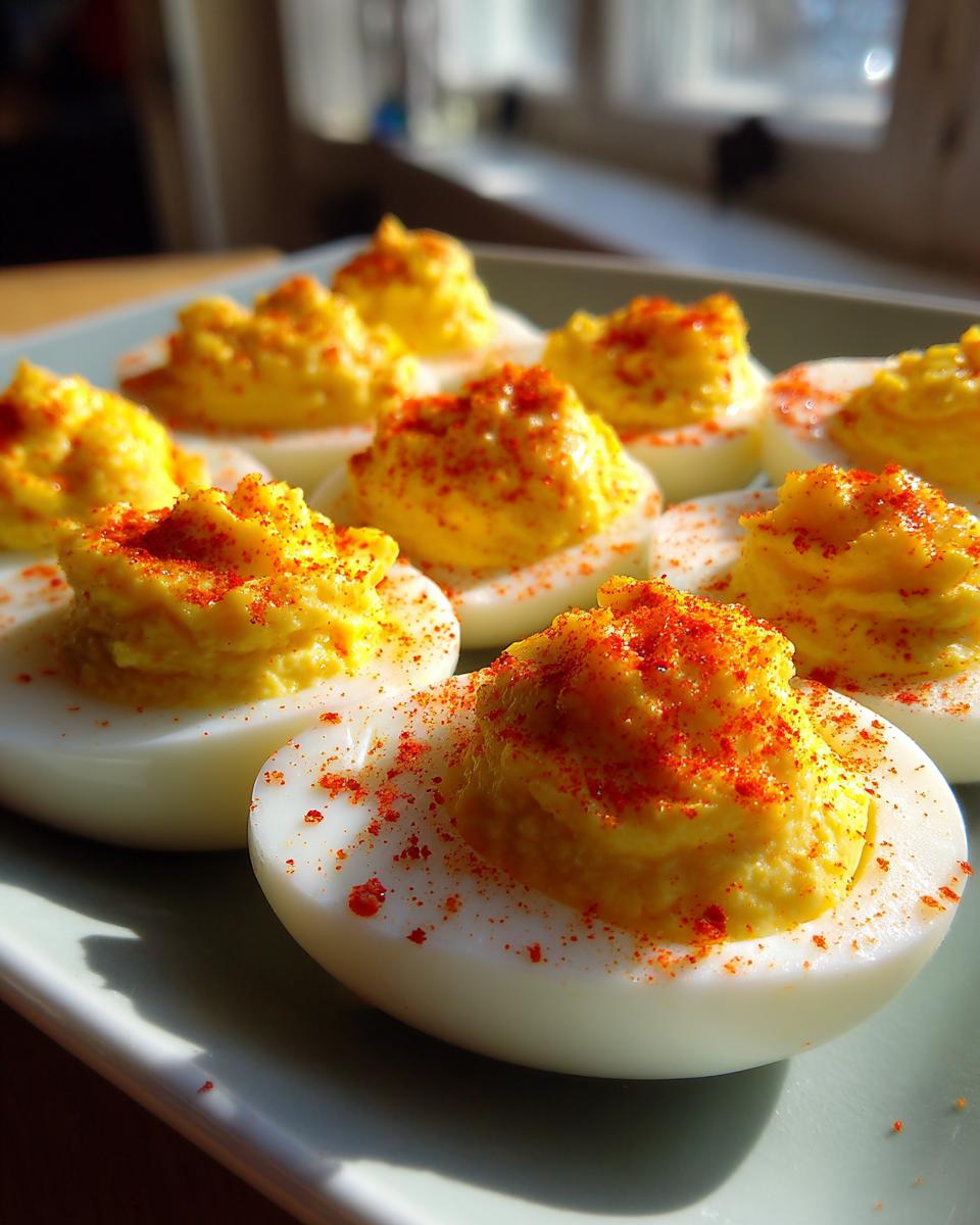 Close-up of several classic deviled eggs arranged on a plate, topped with bright yellow filling and sprinkled with paprika.