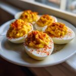 Five halves of classic deviled eggs filled with creamy yellow yolk mixture and sprinkled with bright red paprika.