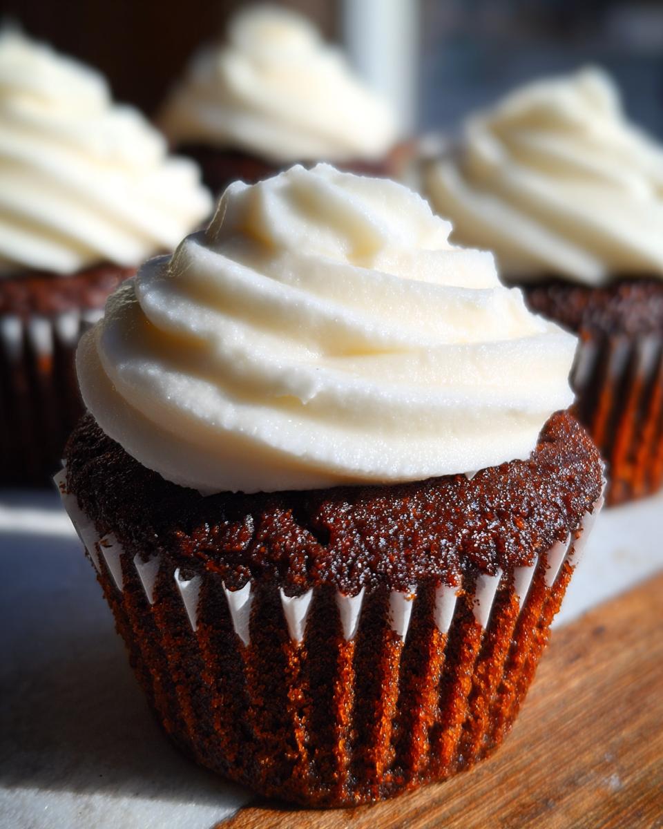 A close-up of one dark, rich gingerbread cupcakes topped with a swirl of white cream cheese frosting.