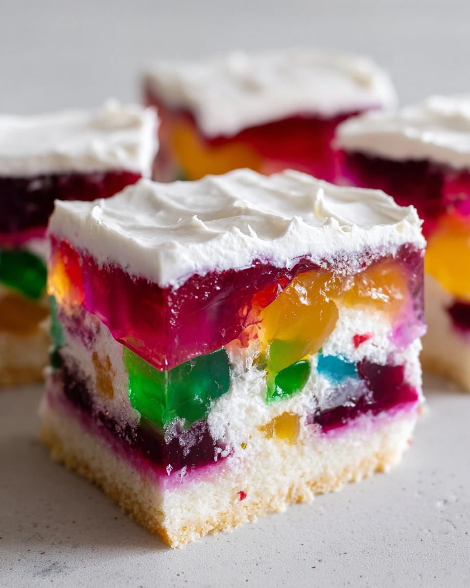 Close-up of a moist slice of rainbow jello poke cake showing colorful gelatin cubes embedded in white cake and topped with whipped cream.