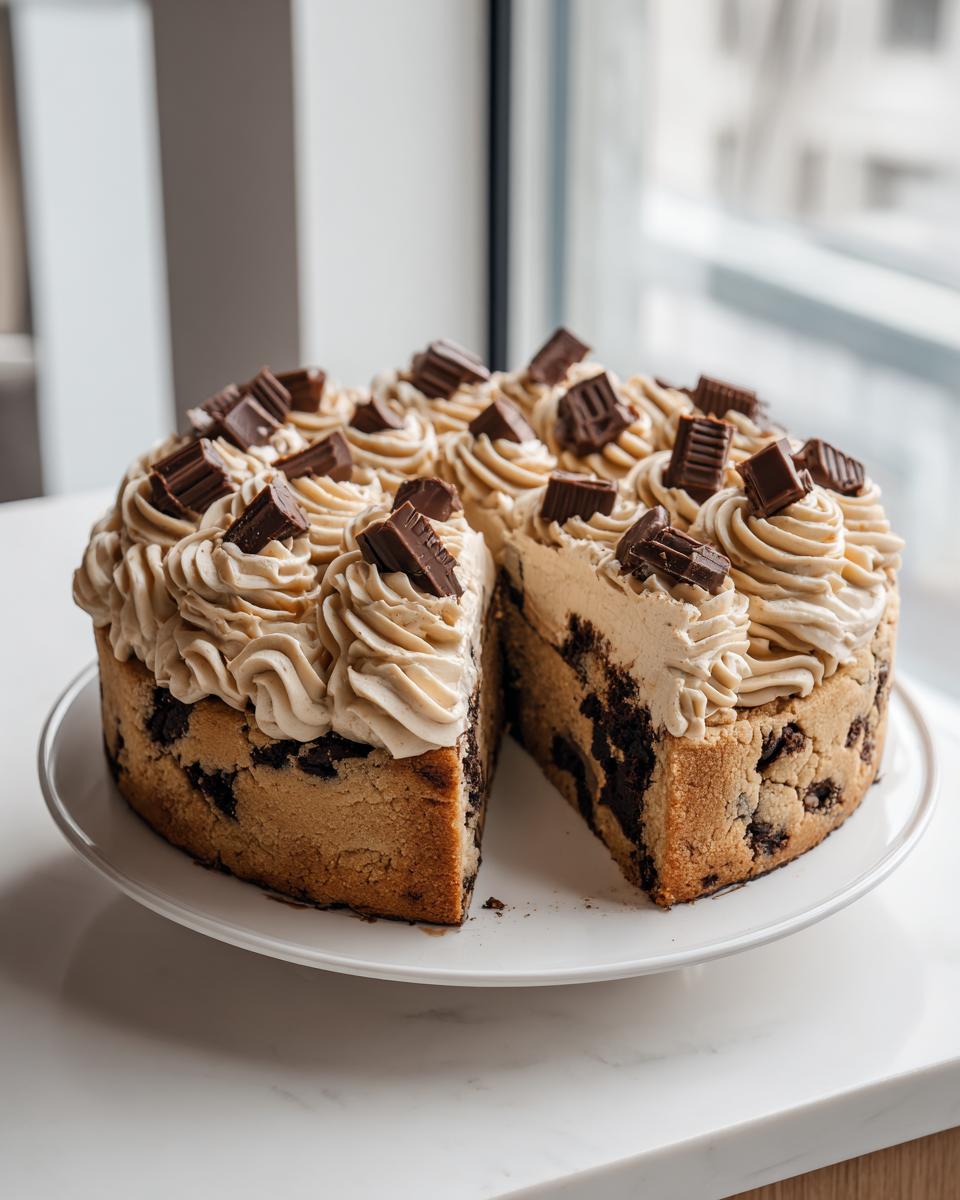 A tall, round cookie cake recipe with a slice removed, topped with piped frosting and chocolate candy pieces.