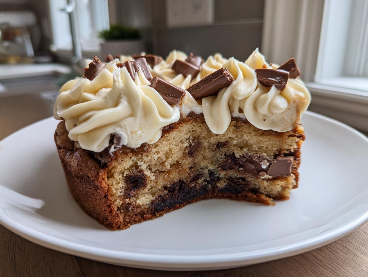 A close-up of a thick slice of chocolate chip cookie cake recipe topped with piped frosting and chocolate bar pieces.