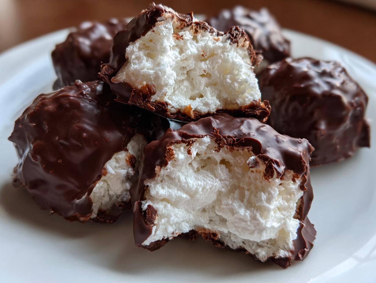 Close-up of chocolate-covered Cool Whip candy pieces, showing the fluffy white interior.