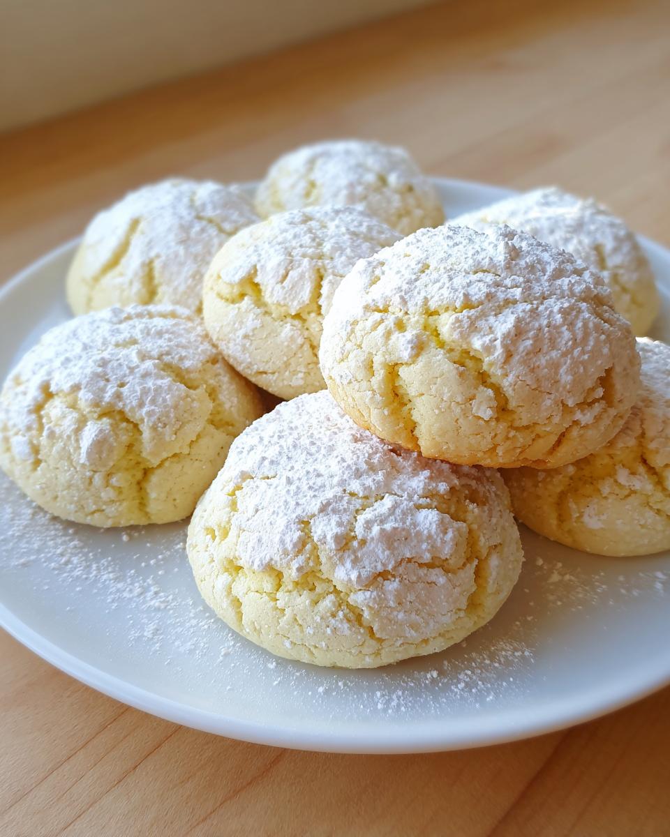 A plate piled high with soft, crinkled cool whip cookies generously dusted with powdered sugar.