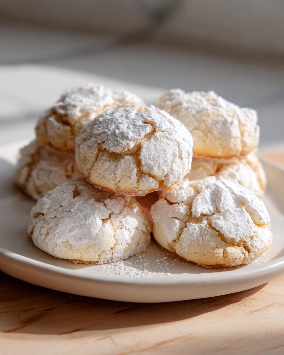 A stack of soft, cracked cool whip cookies heavily dusted with white powdered sugar on a light plate.