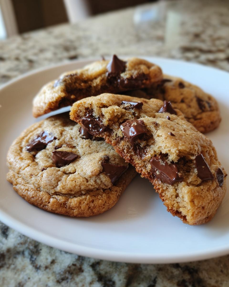 Close-up of soft cream cheese chocolate chip cookies, one broken open revealing gooey melted chocolate centers.