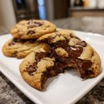 Close-up of a cream cheese chocolate chip cookie broken in half showing gooey, melted chocolate chips inside.