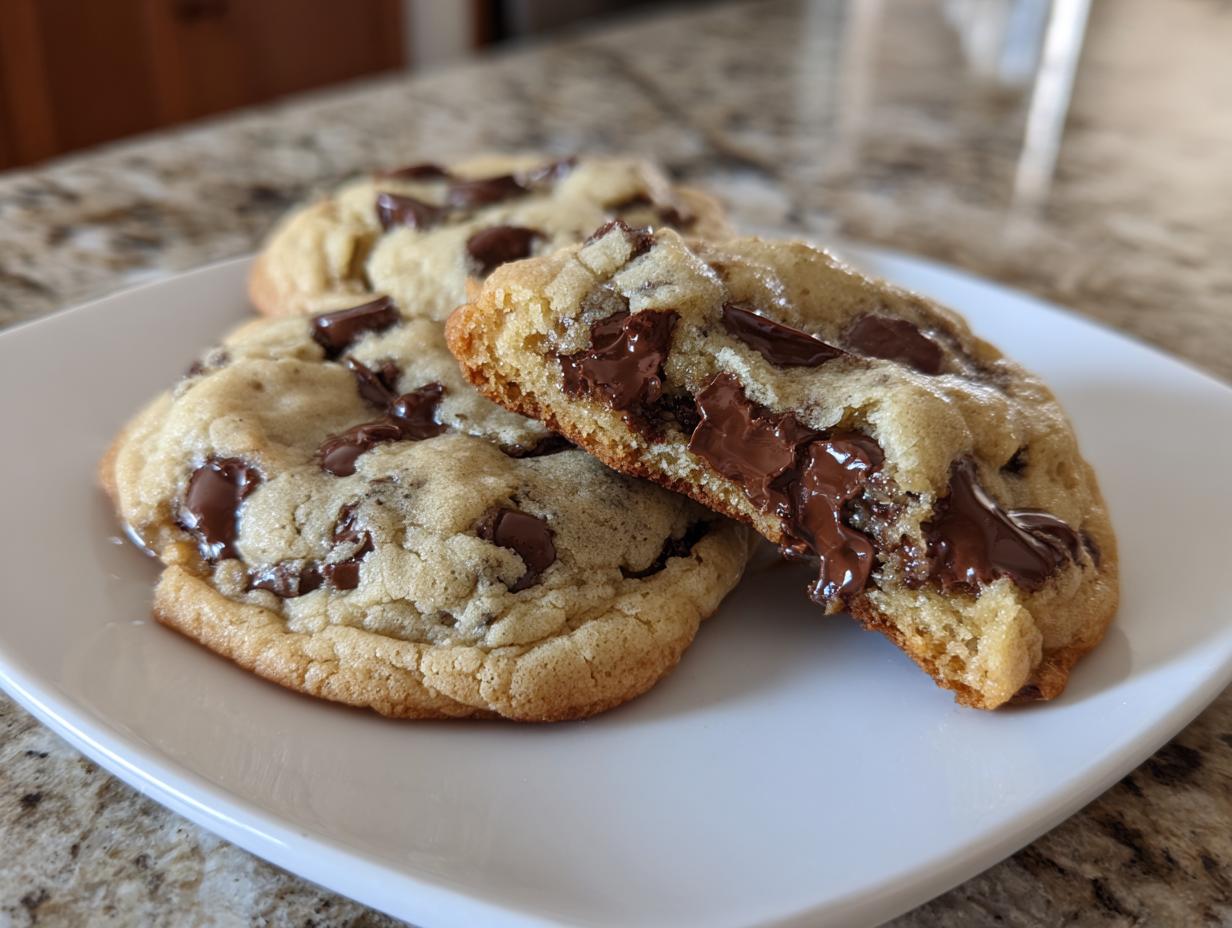 Close-up of soft cream cheese chocolate chip cookies, one broken open showing gooey, melted chocolate chips.