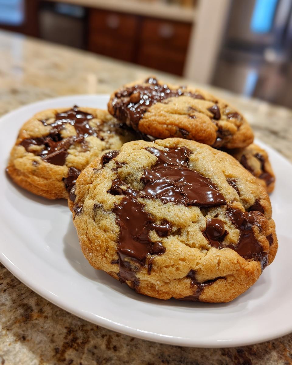 Close-up of several thick, soft cream cheese chocolate chip cookies piled on a white plate with melted chocolate.
