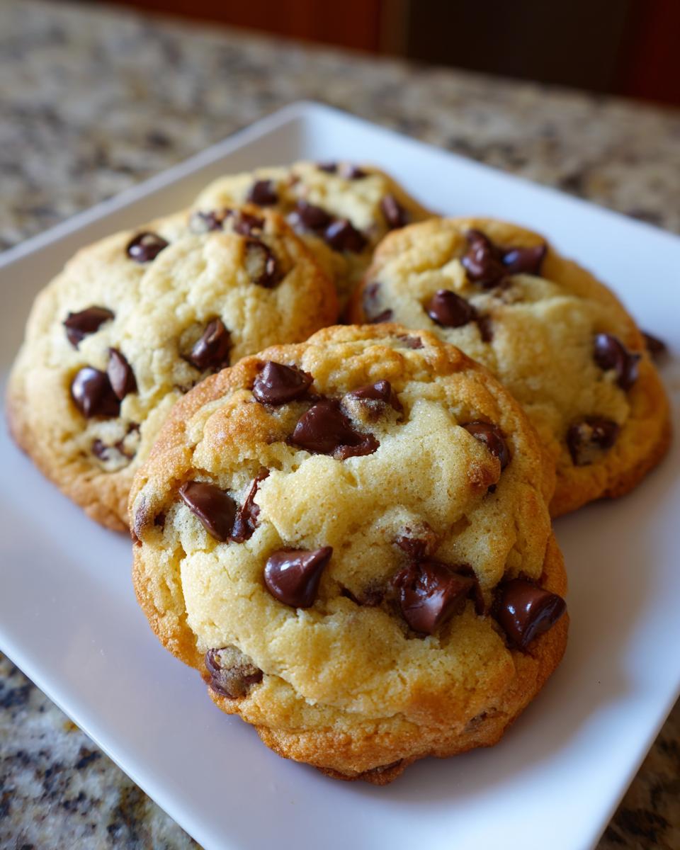 Close-up of four soft, thick cream cheese chocolate chip cookies loaded with melted chocolate chips on a white square plate.