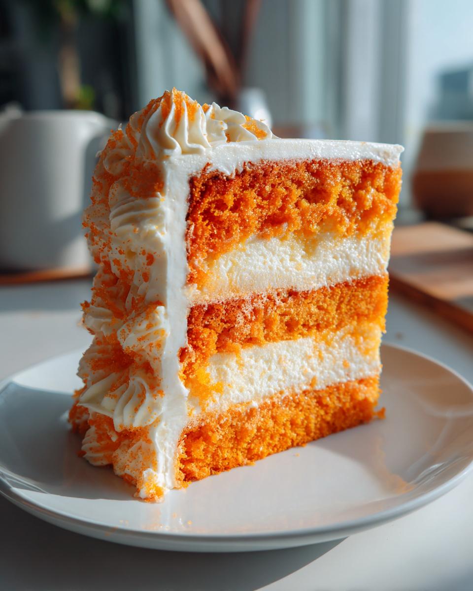 A tall, moist slice of Creamsicle Cake featuring alternating layers of bright orange cake and white cream filling, topped with white frosting.