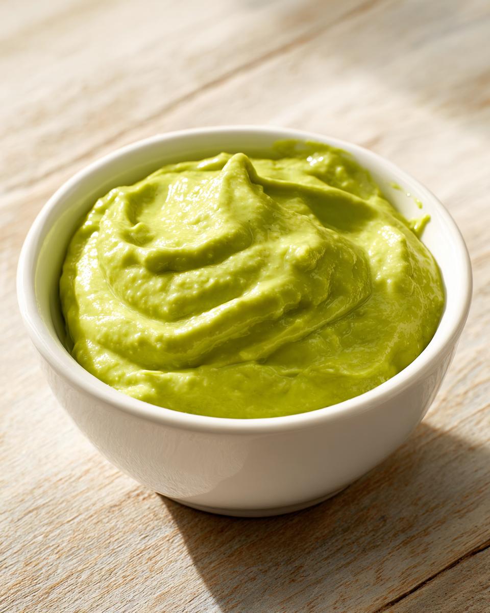 A close-up of vibrant green, creamy avocado sauce swirled in a small white bowl on a wooden surface.