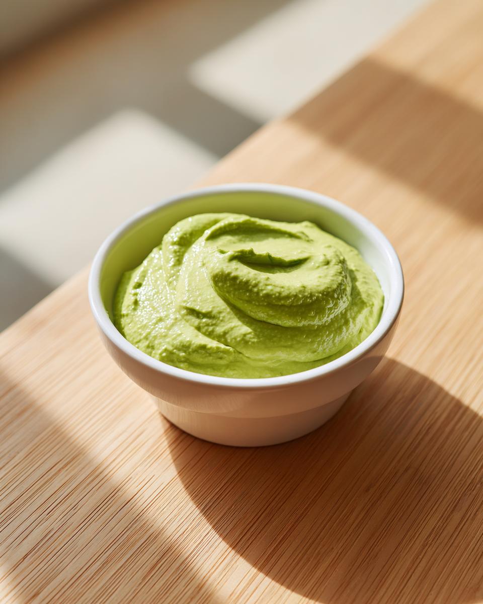 A small white bowl filled with bright green, creamy avocado sauce, sitting on a wooden surface.