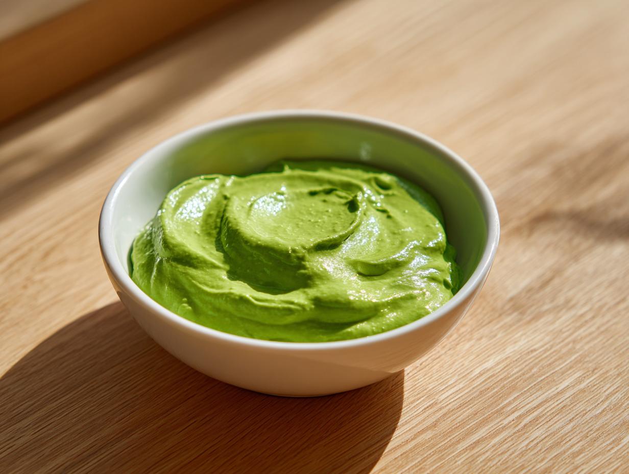 A close-up of a small white bowl filled with vibrant, creamy avocado sauce sitting on a light wooden surface.