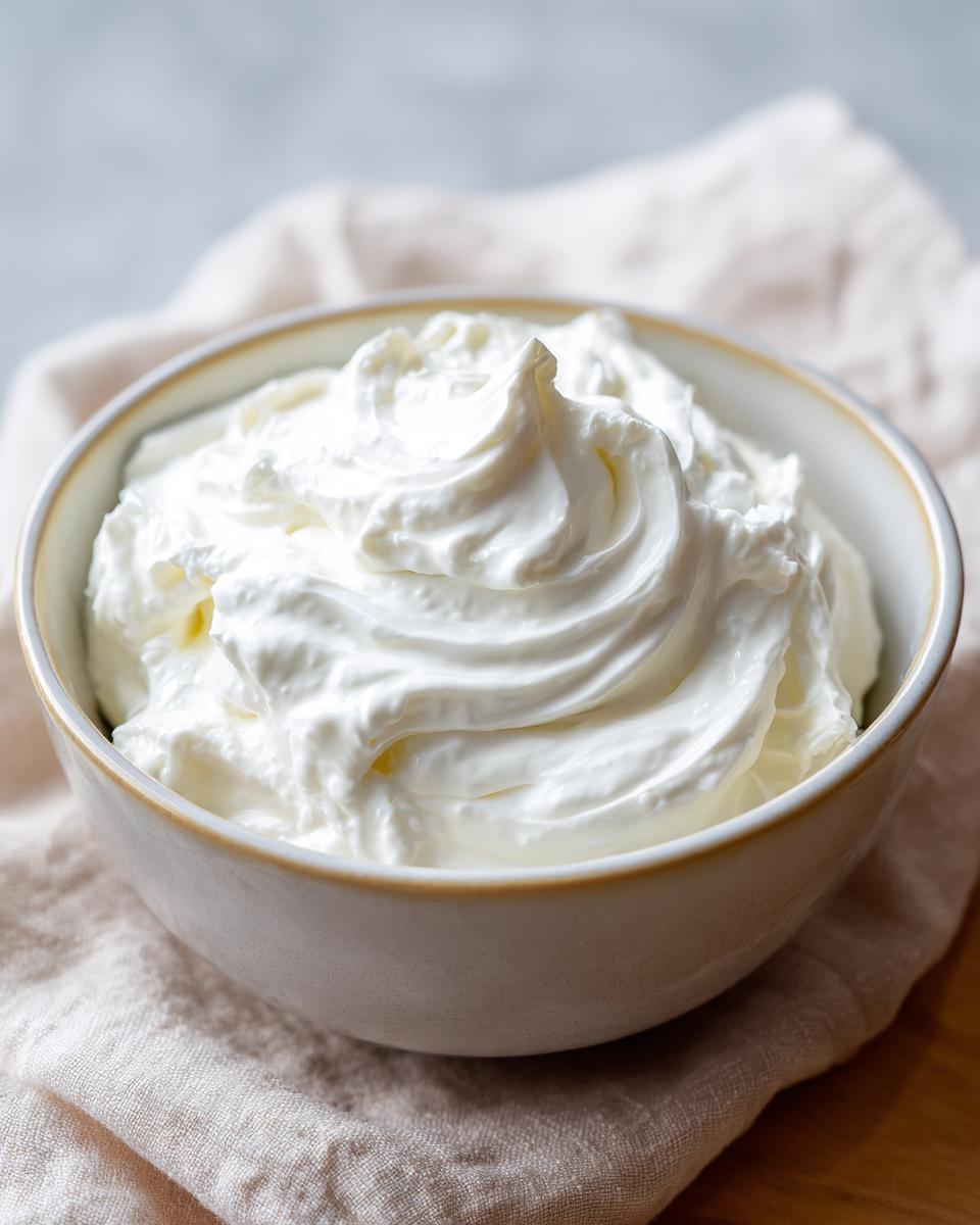 A bowl of creamy white sour cream or whipped topping, the base for a bold horseradish sauce.