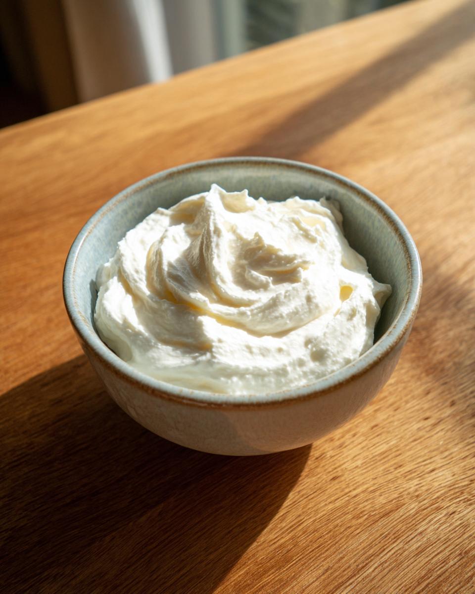 A small bowl filled with creamy white sauce, likely the base for a horseradish sauce.